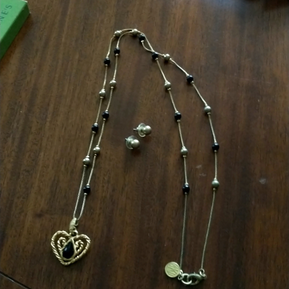Gold-toned and black beaded long necklace and earrings set